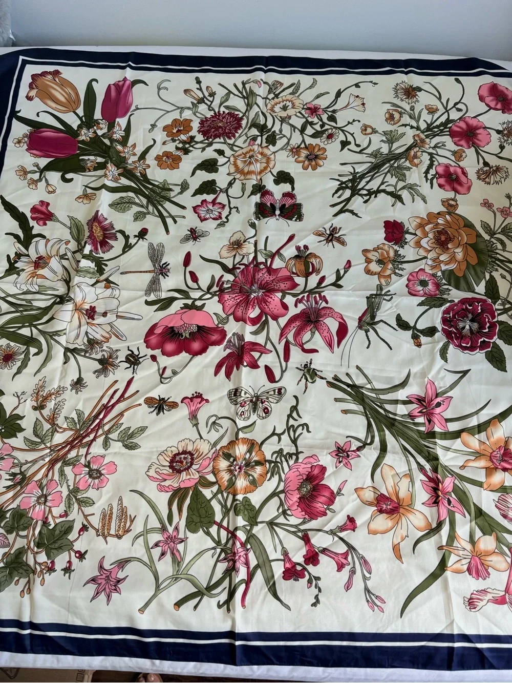 Floral Ivory 100%  Silk Satin Scarf with Pink & Green Bouquet Print